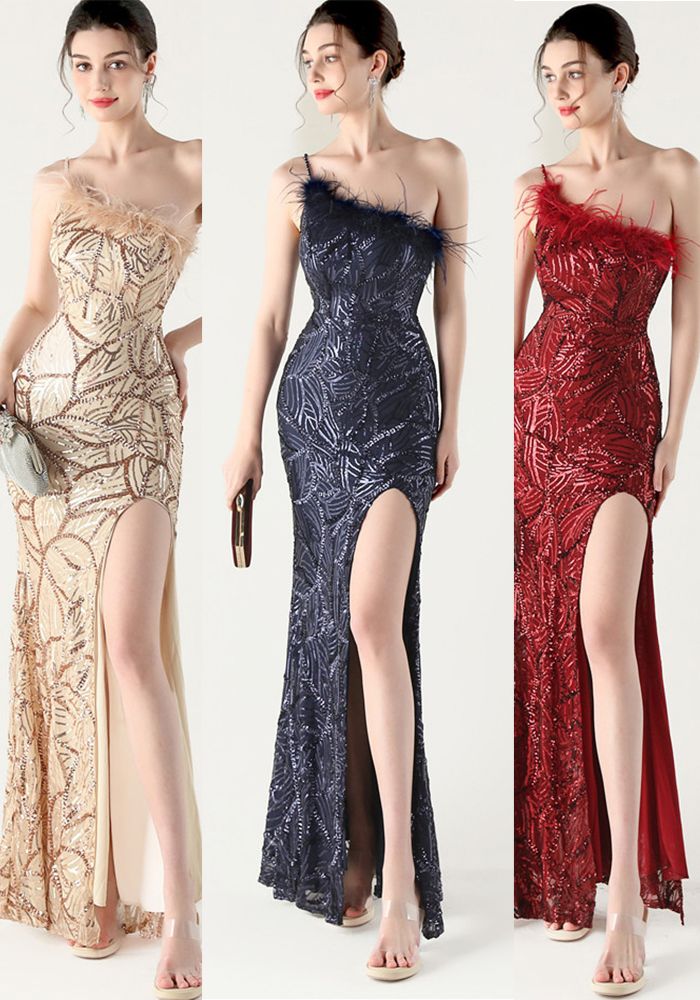 Robe de soirée à épaule dénudée en sequins et perles pour femmes