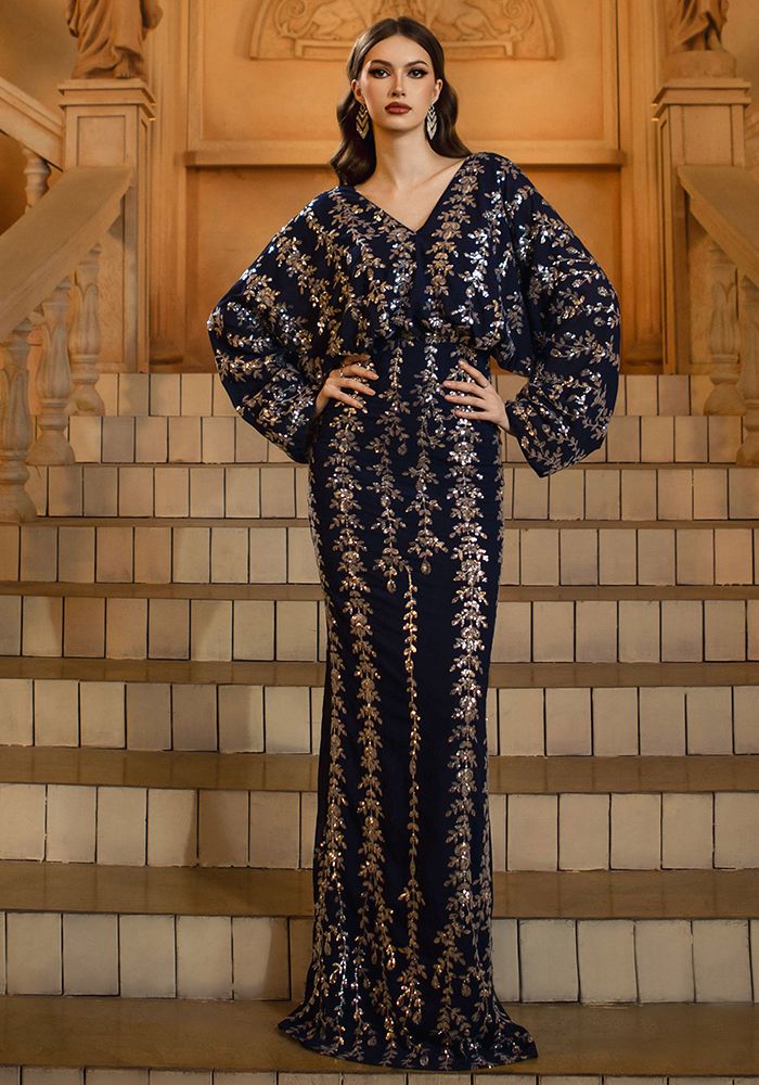 Robe de soirée à manches longues en V pour femmes avec sequins, style sirène