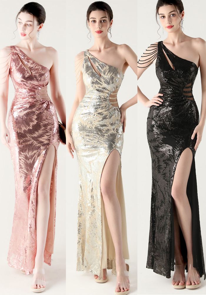 Robe de soirée formelle à sequins pour femmes, à une épaule, creuse, à queue de poisson et fendue