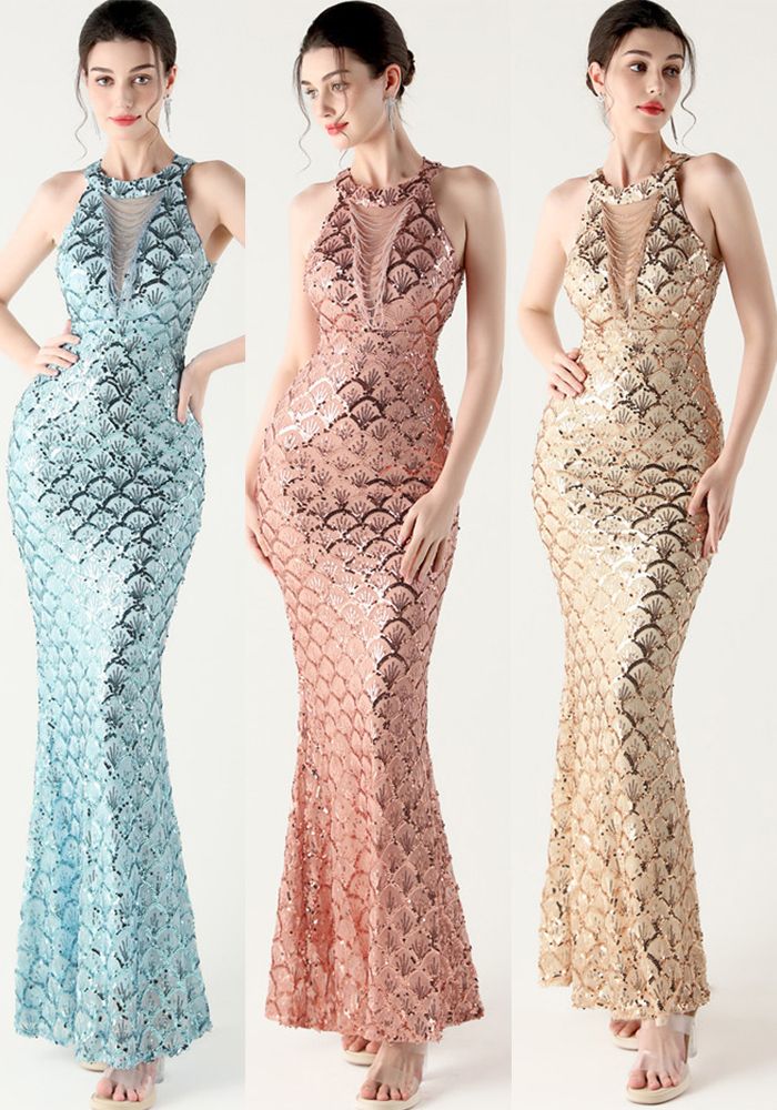 Robe de soirée formelle à col haut en halter pour femmes, en queue de poisson, en sequins à écailles de poisson