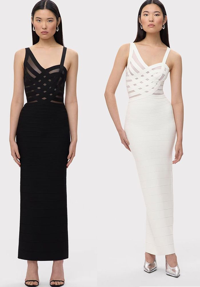 Robe de soirée formelle noire et blanche à col en V creux pour femmes