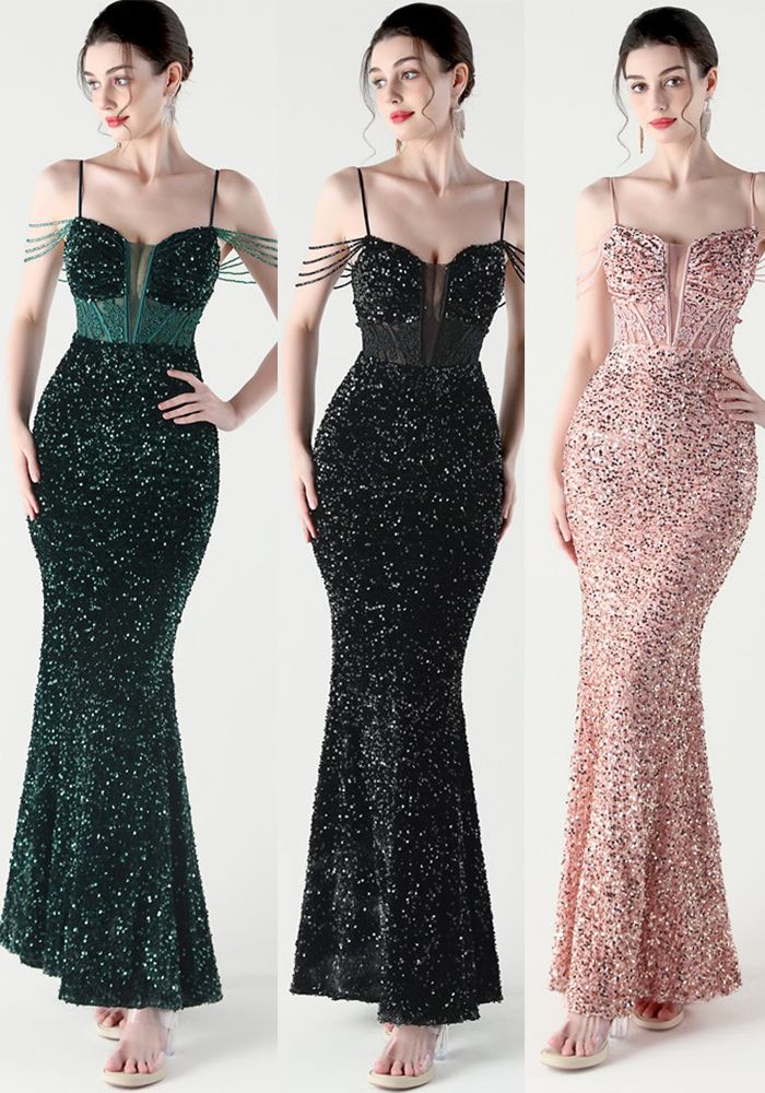 Robe de Soirée Femme Appliquée en Perles en Forme de Poisson