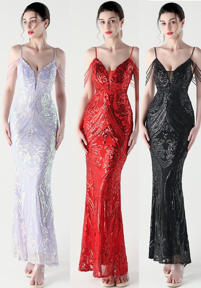 Robe de Soirée Évasée à Paillettes et Perles pour Femmes