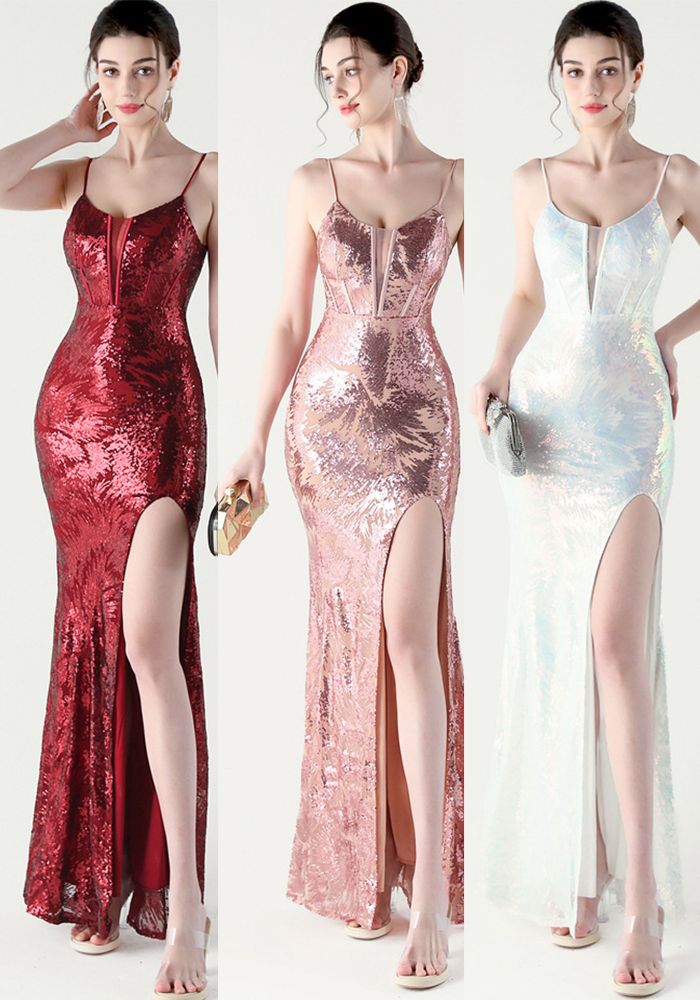 Robe de Soirée Femme en Sequins avec Dos Croisé et Fente