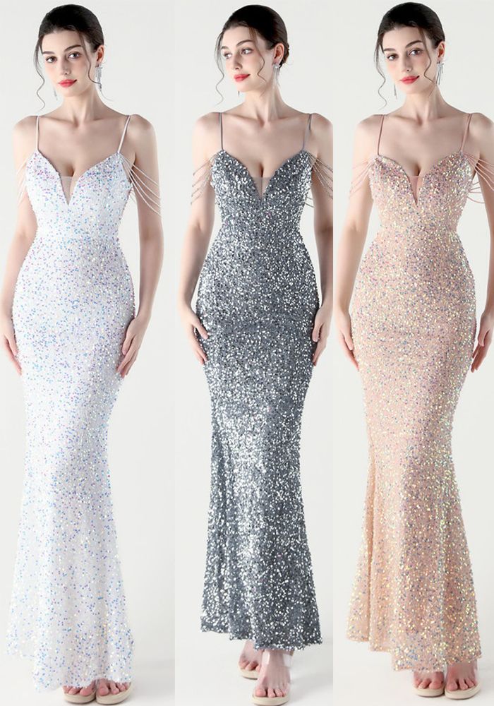 Robe de Soirée à Bretelles pour Femmes avec Paillettes et Perles pour Fête de Mariage et Dîner