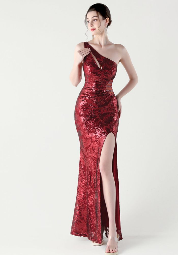 Robe de soirée sirène en mesh à sequins à une épaule