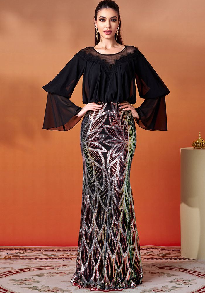 Robe de soirée à manches longues pour femmes avec col rond en sequins
