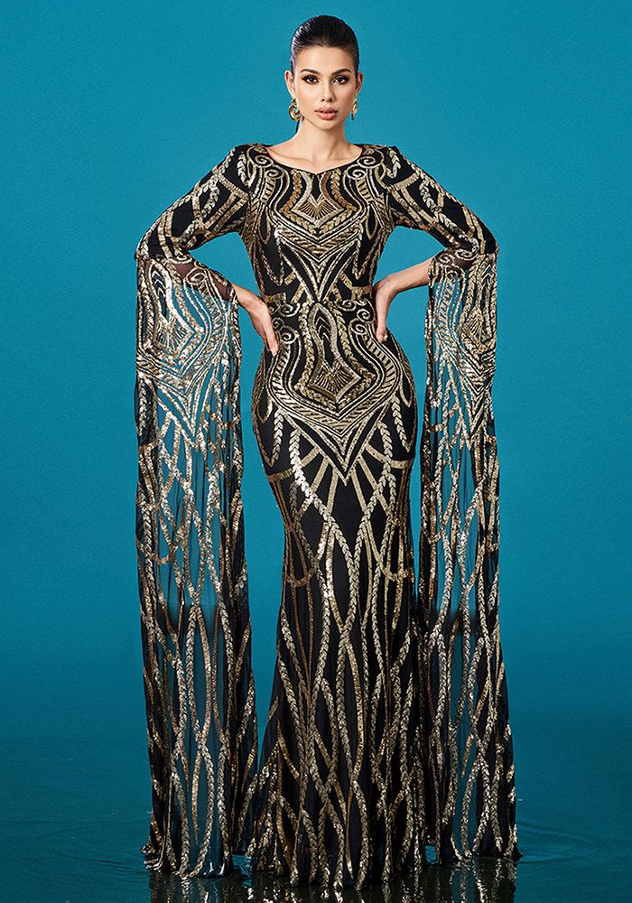 Robe de soirée à manches longues pour femmes, col rond, paillettes, style bodycon, queue de poisson