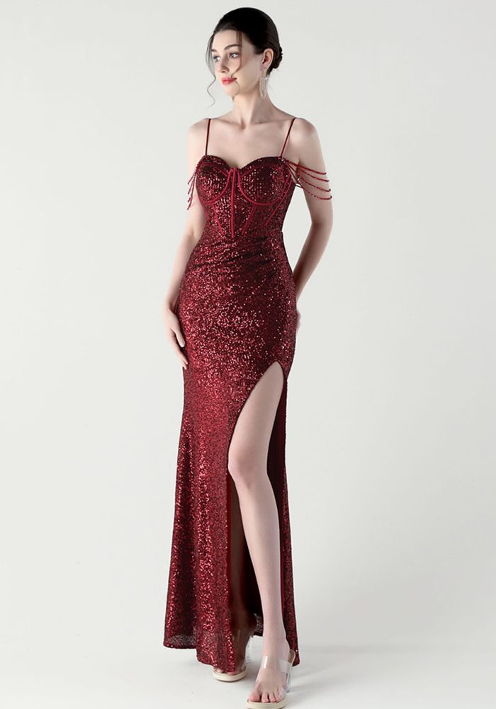 Robe de Soirée Femme en Sequins avec Bretelles en Os de Poisson et Fente