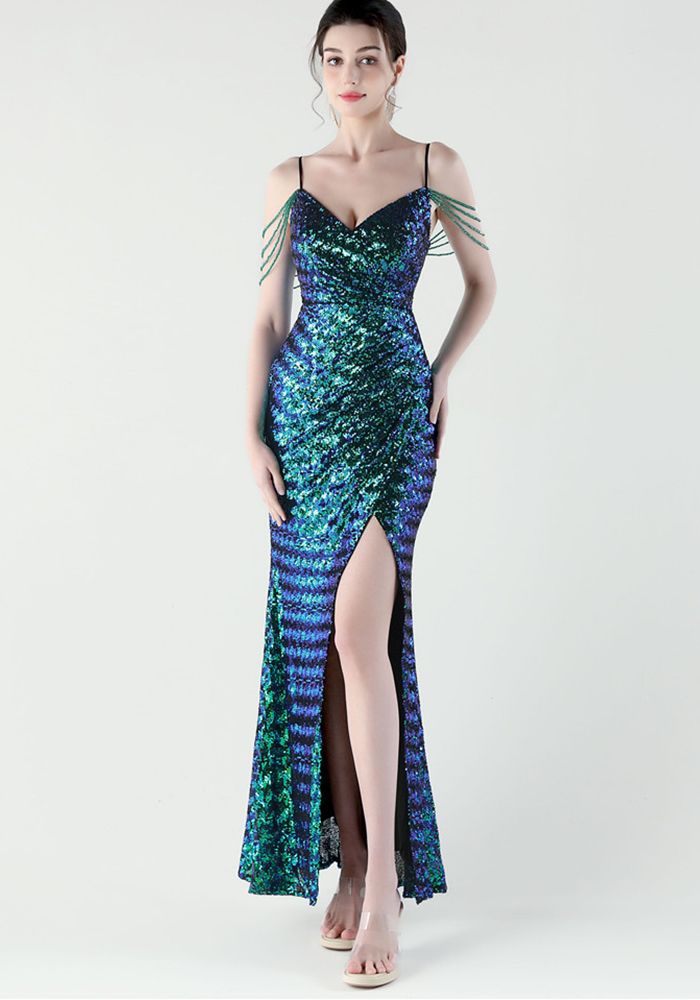 Robe de Soirée Femme V Col Sequins Fente
