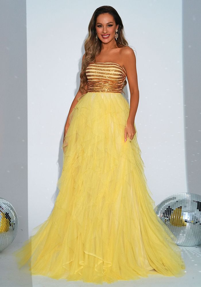 Robe de soirée A-line sans bretelles en sequins et mesh d'été