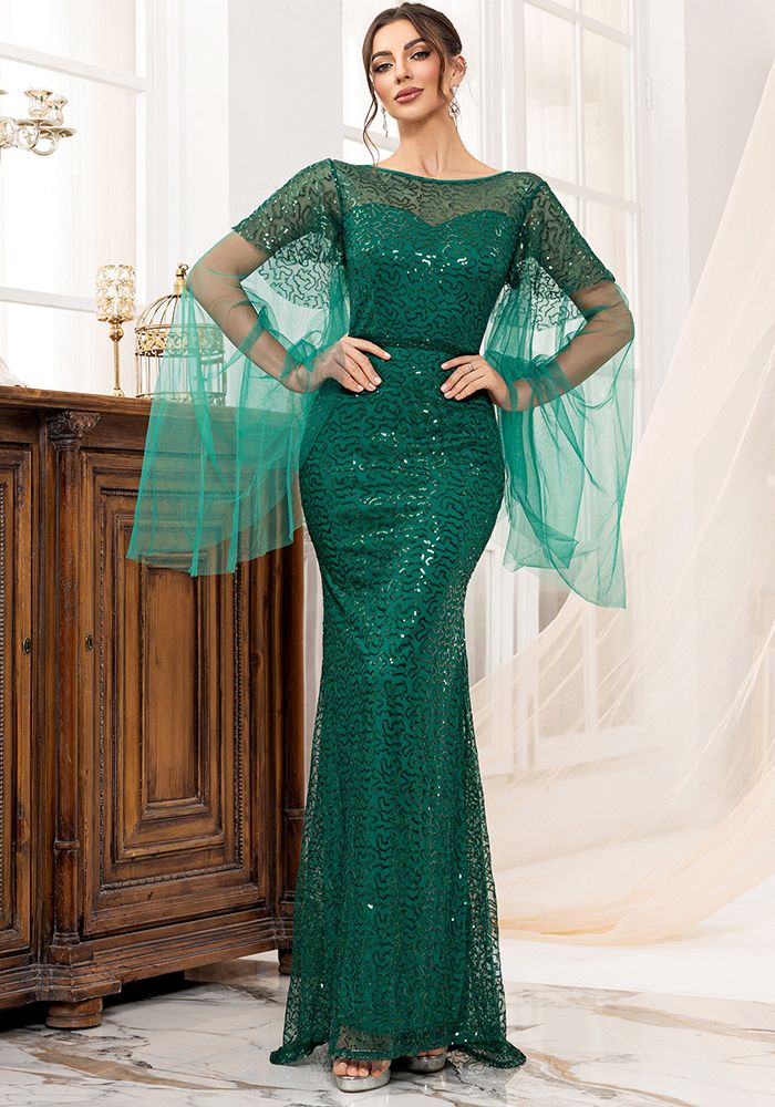 Robe de Soirée à Traîne en Sequins Vert à Manches Longues pour Femmes