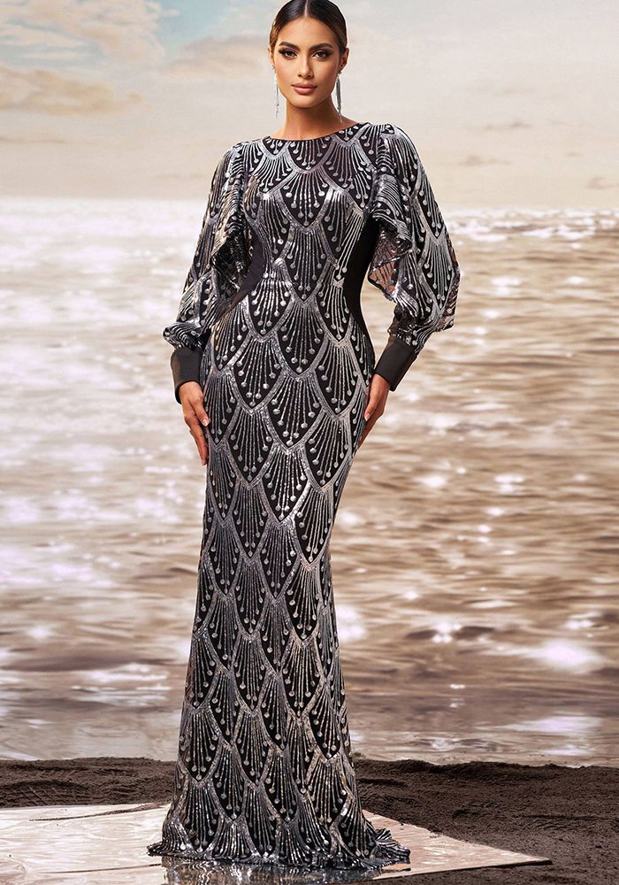 Robe de Soirée Évasée à Manches Longues et Col Rond en Sequin pour Femmes