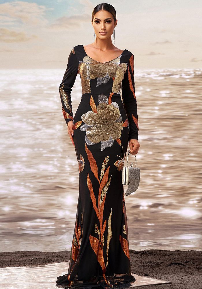 Robe de soirée à manches longues pour femmes en v-neck Bodycon à sequins