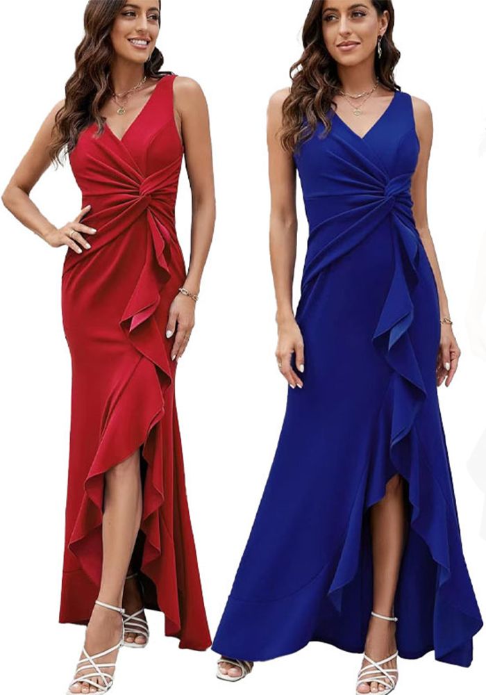 Robe de Soirée Maxi Élégante à Volants Sans Manches Femme Décolleté en V