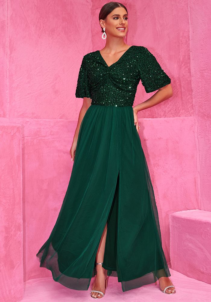 Robe V-Neck à Manches Courtes en Sequins Élégante pour Femmes