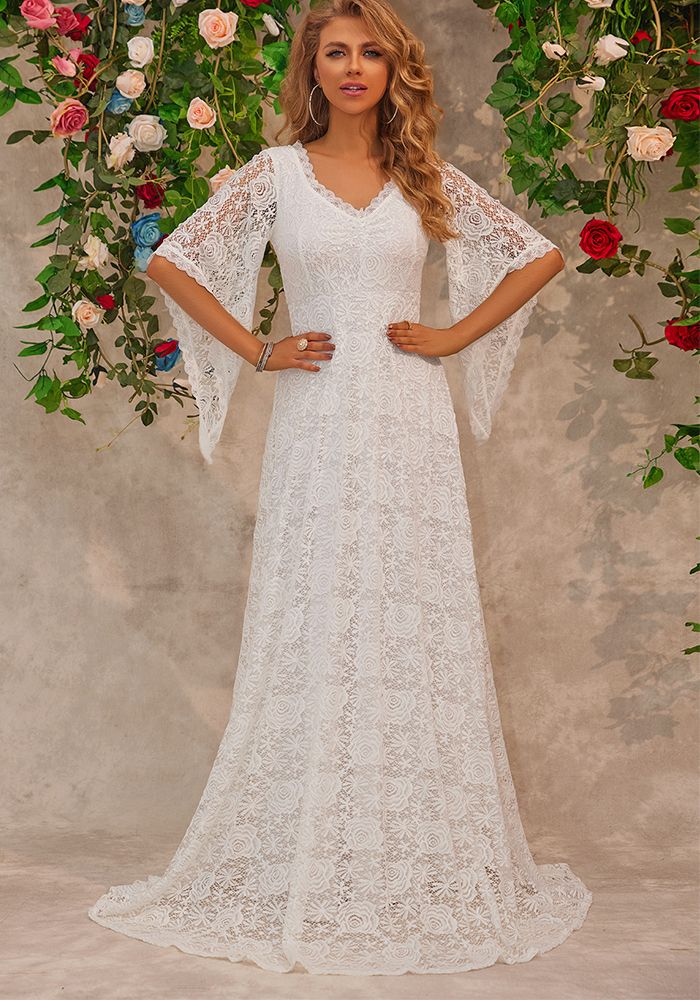 Robe en Dentelle à Manches Longues et Col V pour Femmes