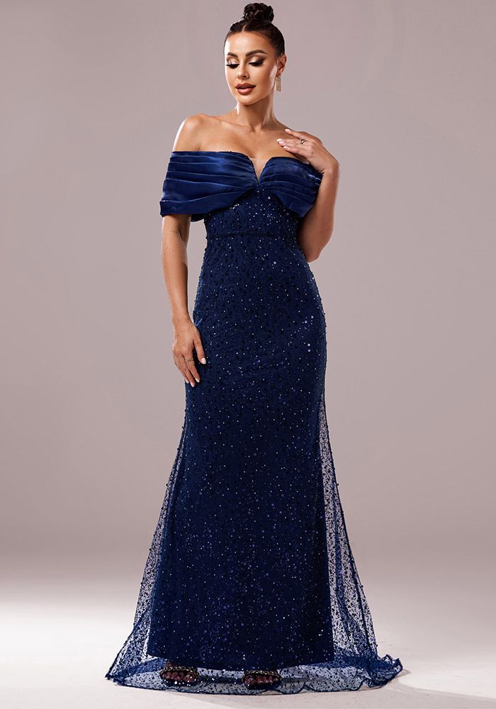 Robe de Soirée Évasée en Sequins de Luxe à Épaules Dégagées