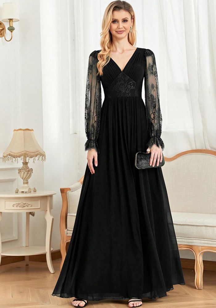 Robe de demoiselle d'honneur à manches longues en V avec volants pour femmes, robe de soirée formelle en queue de poisson