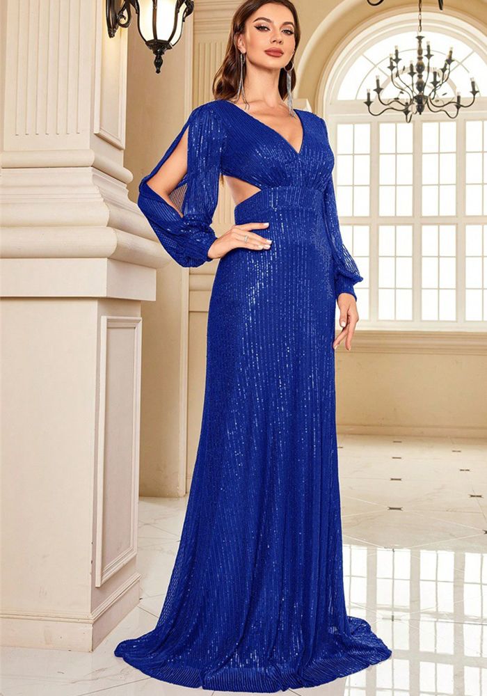 Robe de soirée formelle à manches longues pour femmes avec décolleté en V et traîne