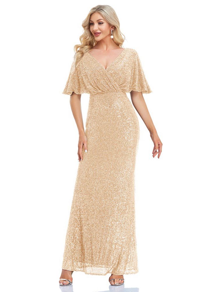 Robe de soirée formelle à manches courtes pour femmes avec décolleté en V et queue de poisson