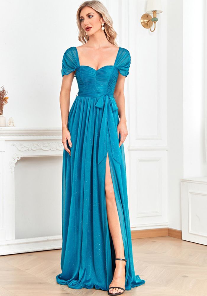 Robe de demoiselle d'honneur formelle à manches courtes et décolleté carré pour femmes