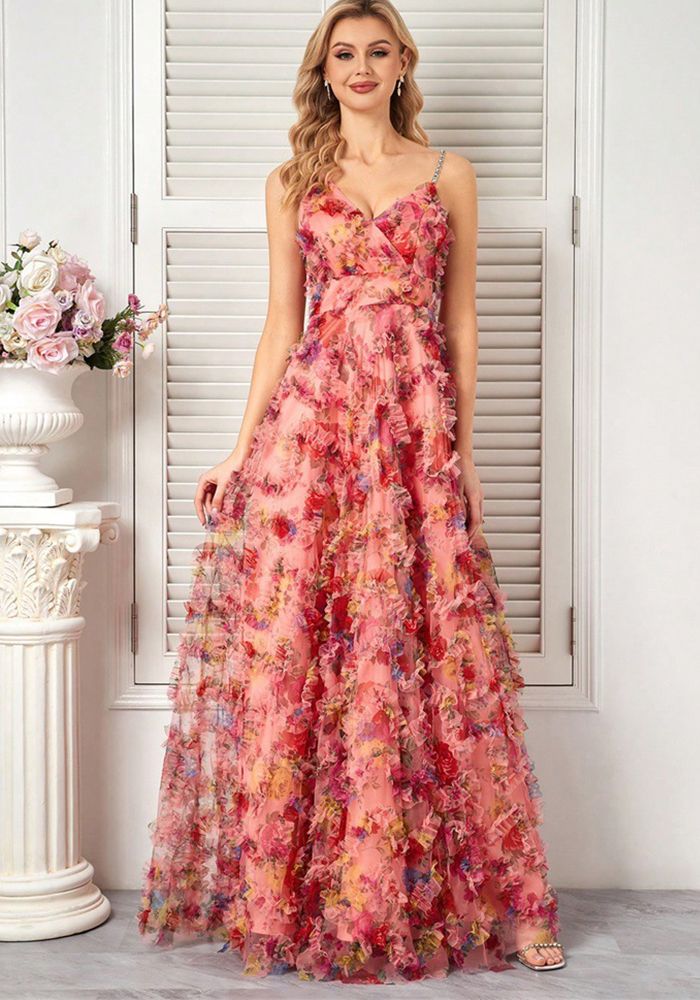 Robe de soirée élégante à bretelles florales pour femmes en V