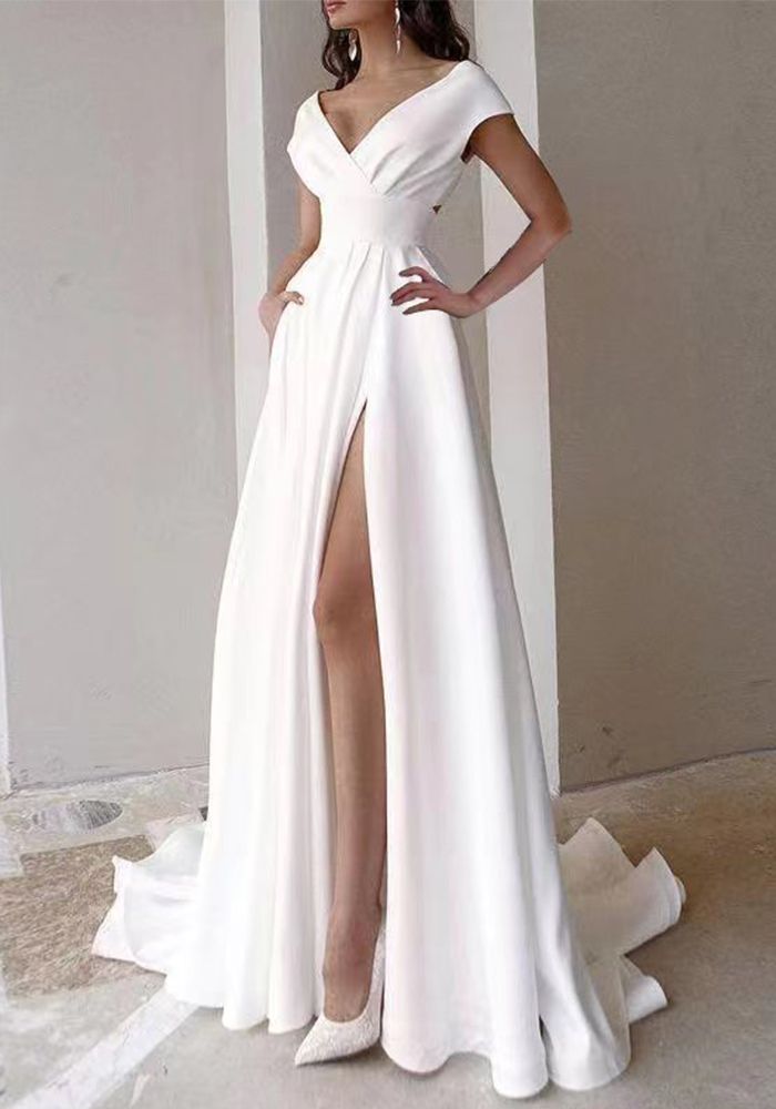 Robe Maxi Chic de Soirée Femme à Épaules Dégagées en Couleur Unie avec Fente