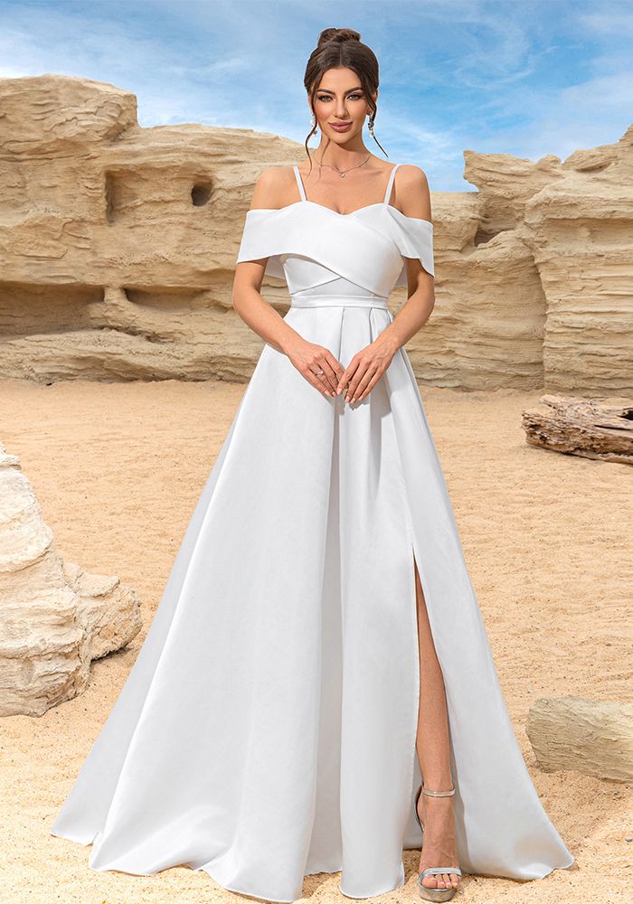 Robe de Soirée Élégante Blanche à Épaules Dégagées avec Fente pour Femmes