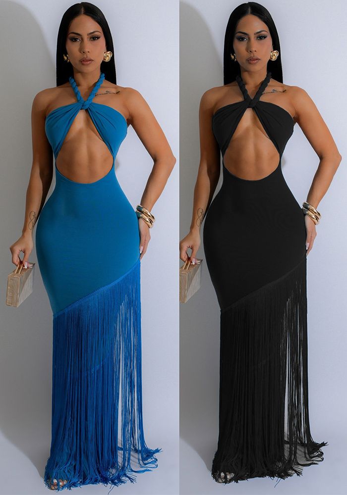 Robe à franges à col halter à manches creuses pour femmes