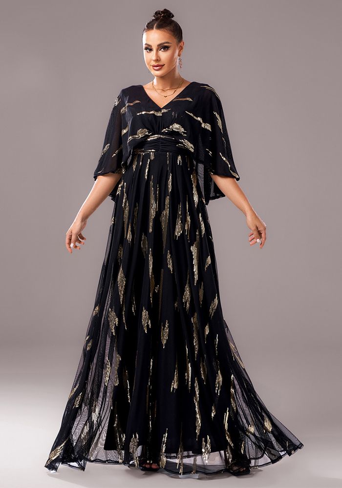 Robe de soirée ajustée à manches demi-longues et décolleté en V pour femmes avec sequins