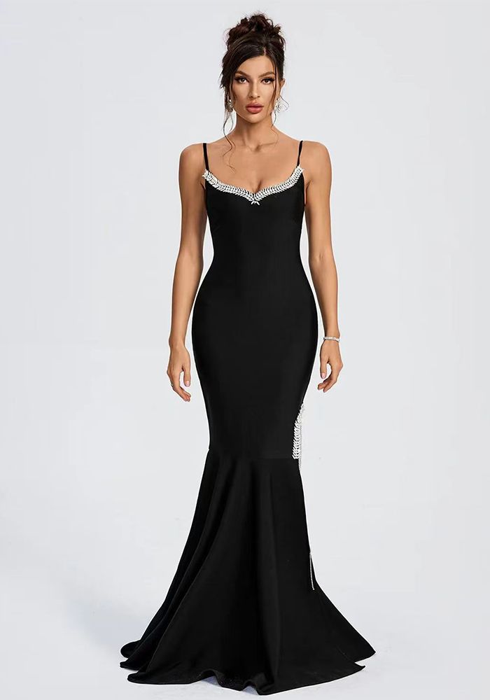 Robe bandage à bretelles pour femmes avec décolleté en V, clous en diamant, chaîne à franges et queue de poisson