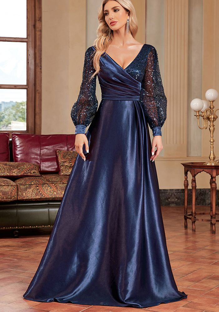 Robe de soirée formelle en soie pour femmes avec décolleté en V et manches longues à queue de poisson ornée de sequins