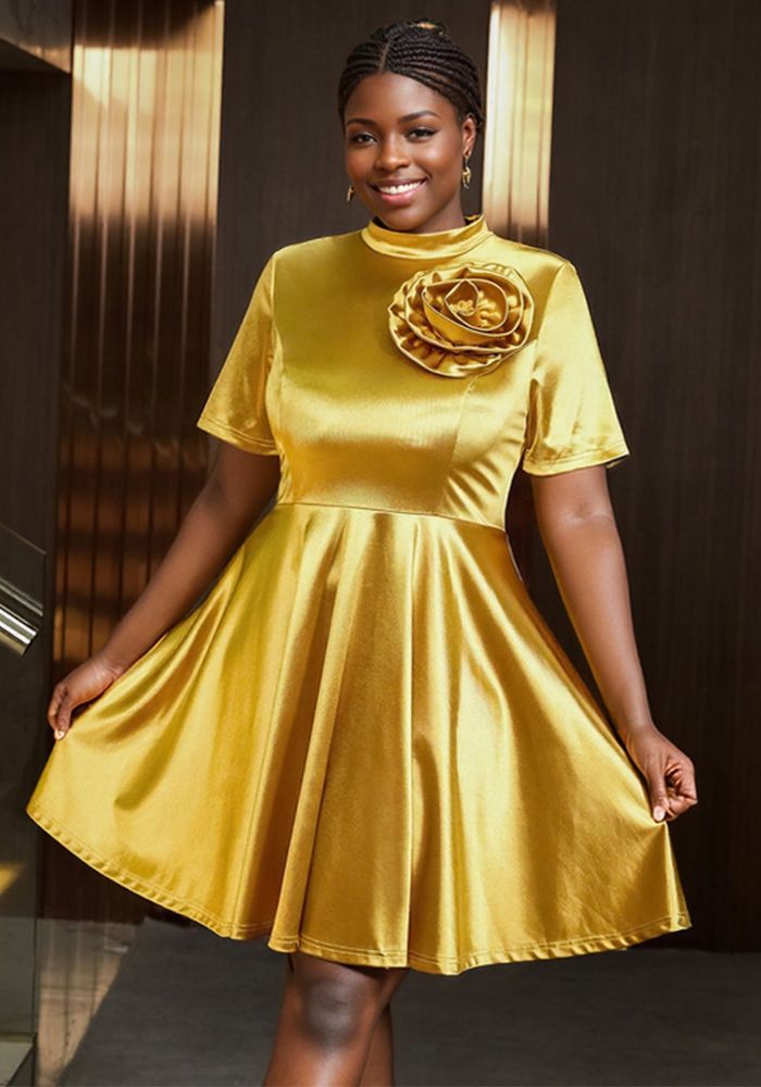 Robe Cocktail Formelle A-Line Fleur Dorée de Luxe