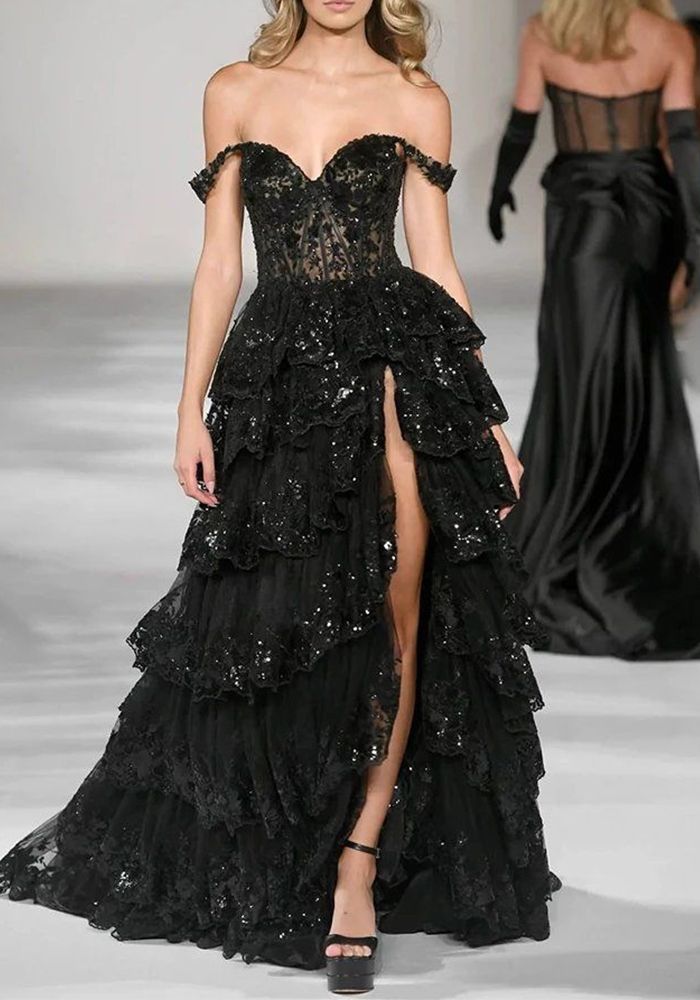 Robe de Soirée Chic Formelle à Épaule Dégagée avec Fente (délai de traitement 7-8 jours)