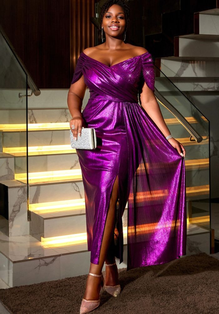 Robe de soirée formelle à épaules dénudées et décolleté en V pour femmes avec manches courtes plissées