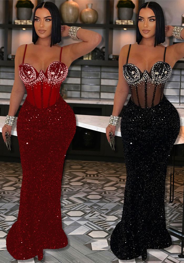 Robe de soirée longue en velours avec sequins et perles pour femmes