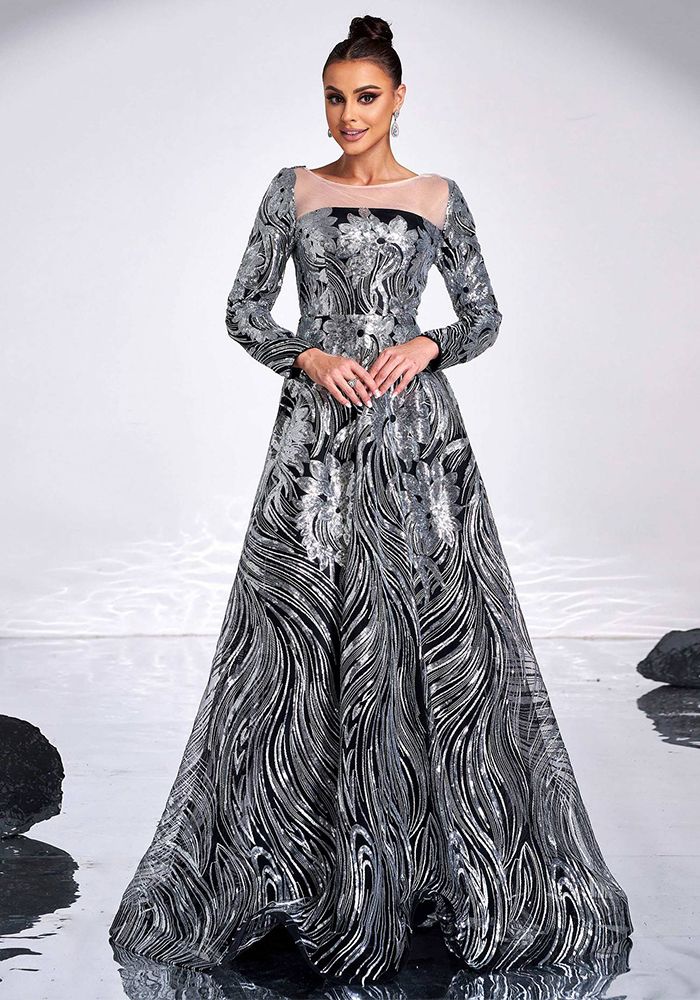Robe de Soirée A-Line en Sequins à Manches Longues et Col Rond de Luxe pour Femmes, Robe de Demoiselle d'Honneur