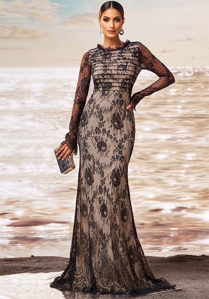 Robe de Soirée Évasée en Maille Slim à Manches Longues et Col Rond de Luxe pour Femmes, Robe de Demoiselle d'Honneur