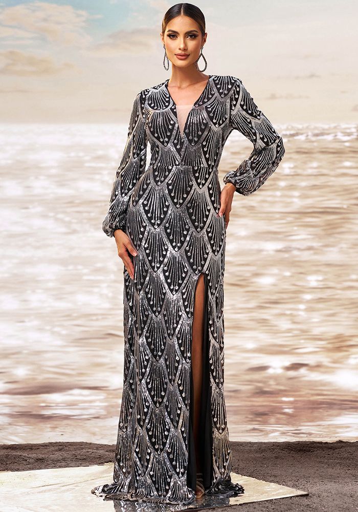 Robe de Soirée Formelle à Manches Longues en V avec Sequins et Fente Slim pour Femmes - Robe de Demoiselle d'Honneur