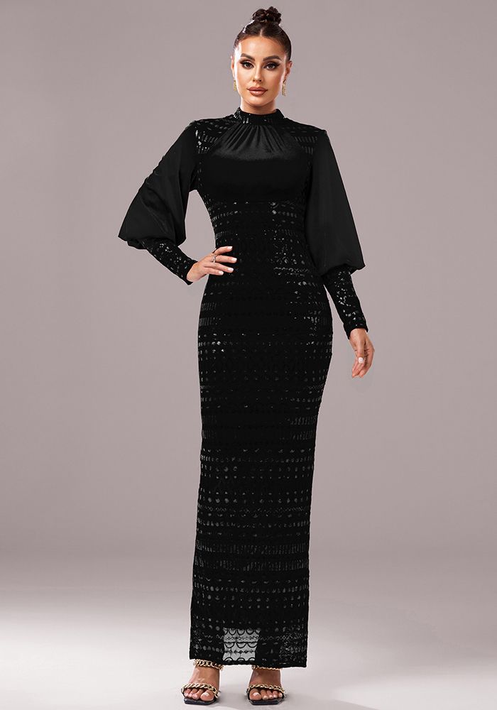 Robe de Soirée Longue à Manches Longues Col Rond Formelle avec Sequins Fente Slim pour Femmes Demoiselle d'Honneur