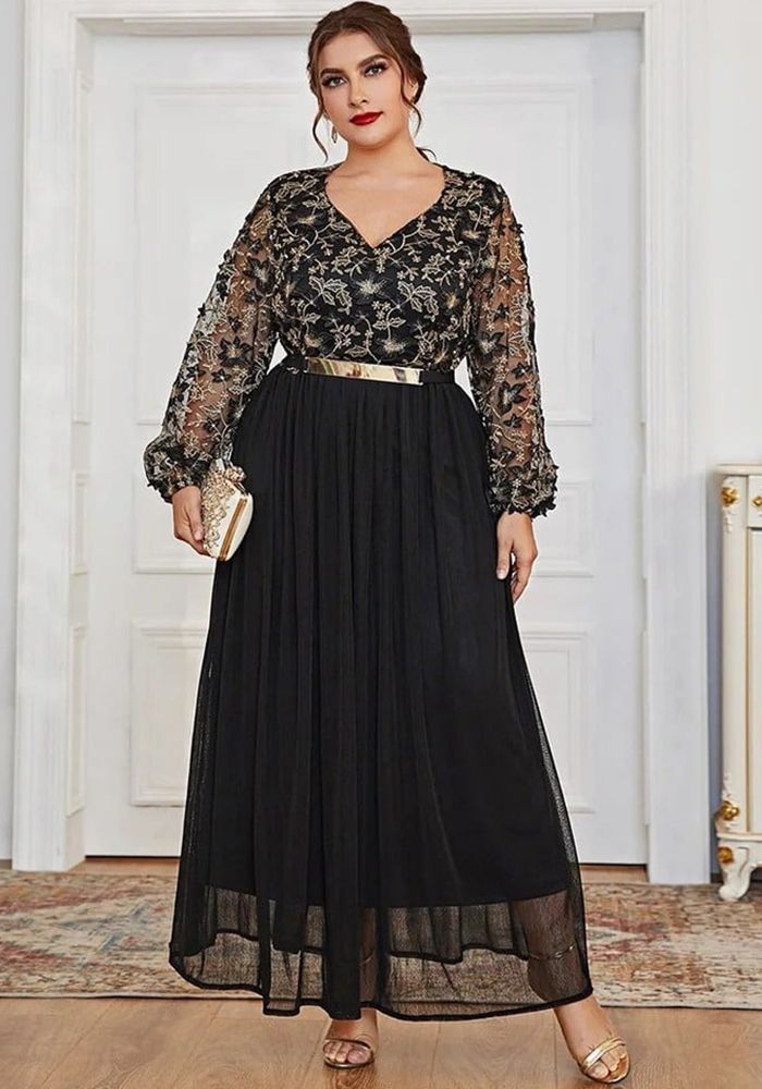 Robe Maxi à Manches Longues en Patchwork Grande Taille à Col V