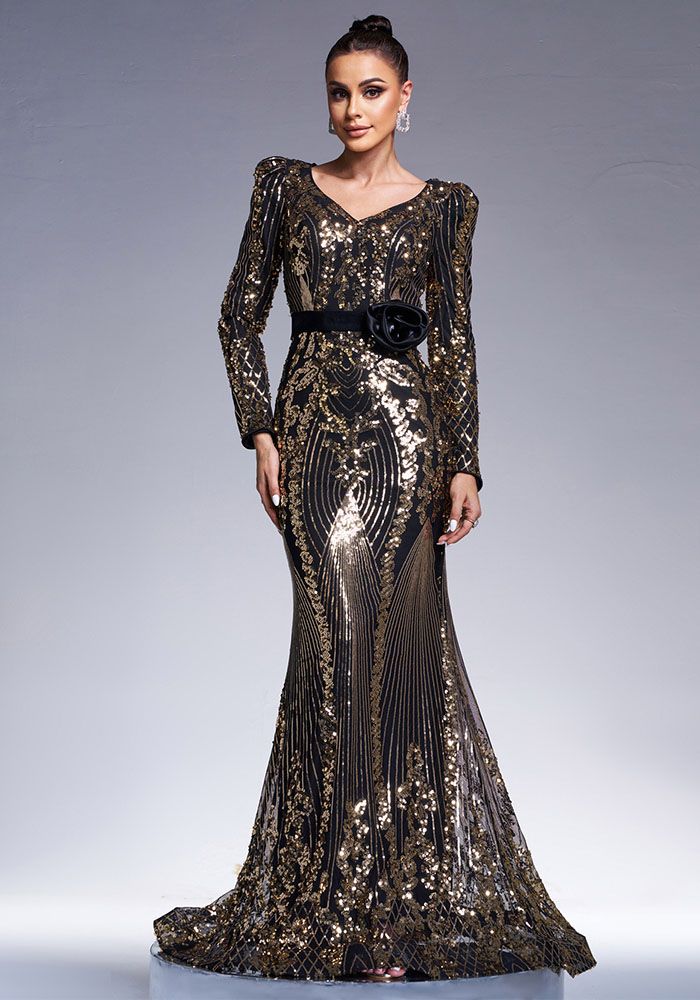 Robe de soirée à manches longues en V pour femmes, ajustée, avec sequins et traîne