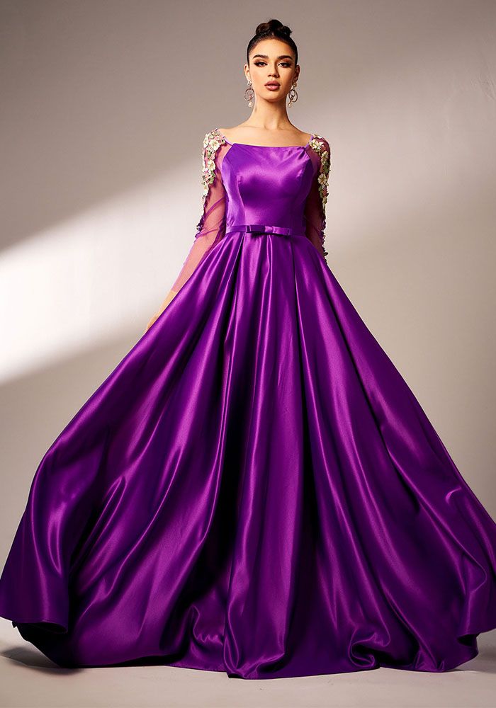 Robe de soirée formelle à manches longues et décolleté carré pour femmes