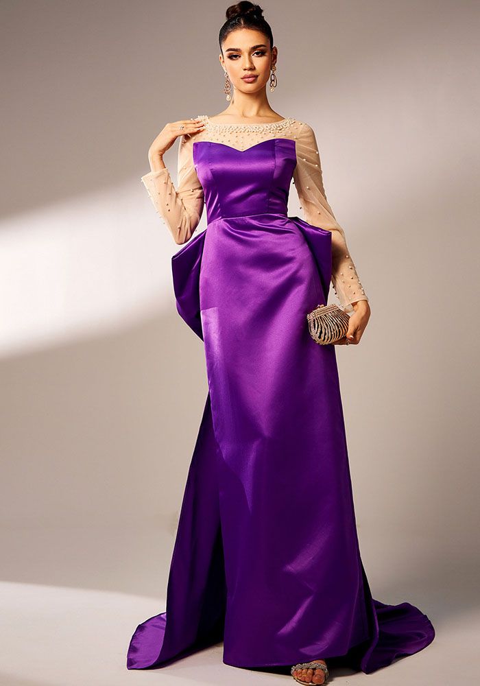 Robe de Soirée Formelle à Manches Longues Col Rond avec Nœud en Perles pour Femmes Demandeuses d'Emploi
