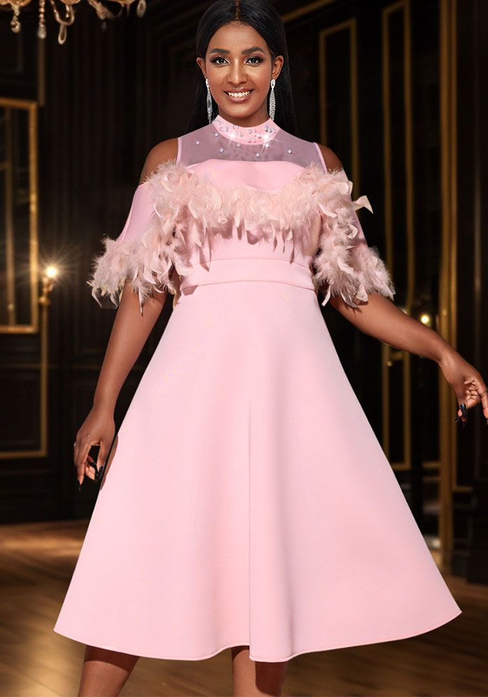 Robe en Plumes Transparente Off-Shoulder pour Femmes