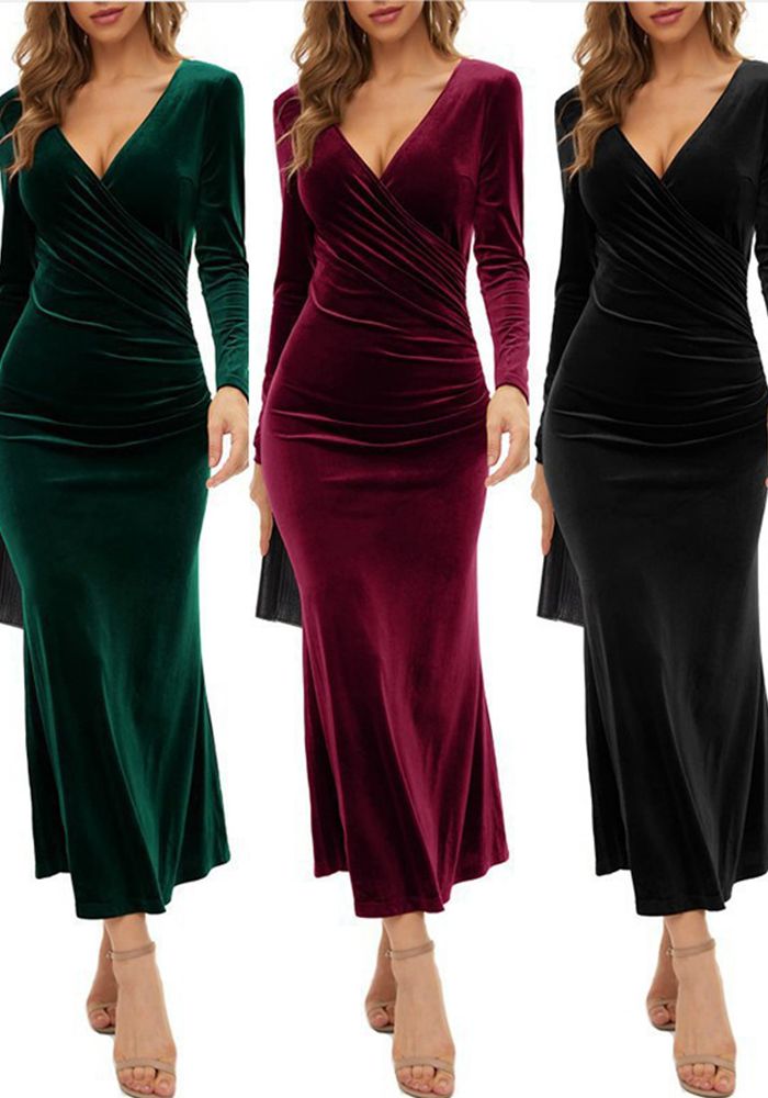 Robe de Soirée Élégante en Velours à Col V pour Femmes Automne et Hiver avec Queue de Poisson Slim