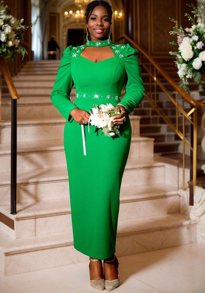 Robe de Soirée Formelle à Col Creux et Perles pour Femmes Grandes Tailles