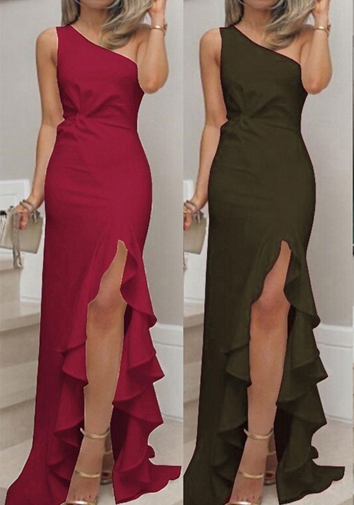 Robe de Soirée Élégante à Volants en Couleur Unie pour Femmes