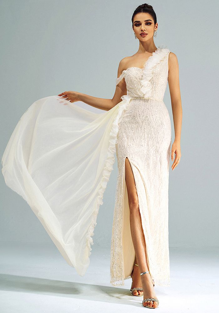 Robe de Soirée à Épaule Dégagée avec Sequins et Fente